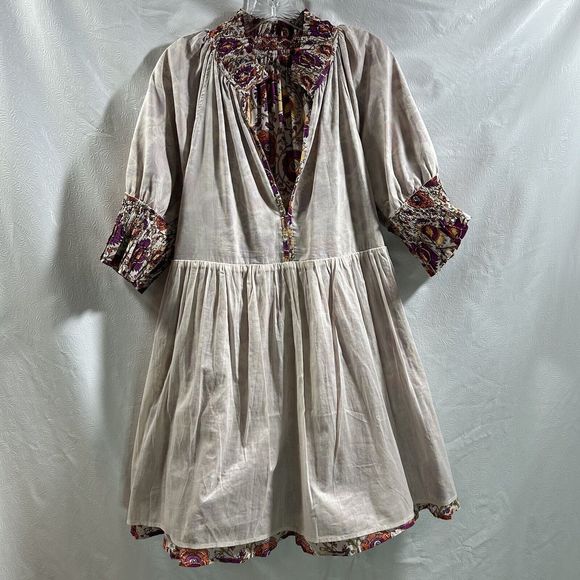 Figue Halima Sz L 100% Cotton Floral Smocked Neckline Tiered Lined Boho Dress - Picture 16 of 16